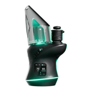 Focus V CARTA 3 Kit, three quarter front view with glass top, carb cap and lit screen