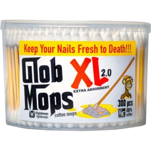 Glob Mops XL 2.0 tub of 300 extra absorbent cotton swabs with yellow, red and white label