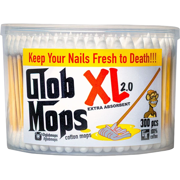 Glob Mops XL 2.0 tub of 300 extra absorbent cotton swabs with yellow, red and white label