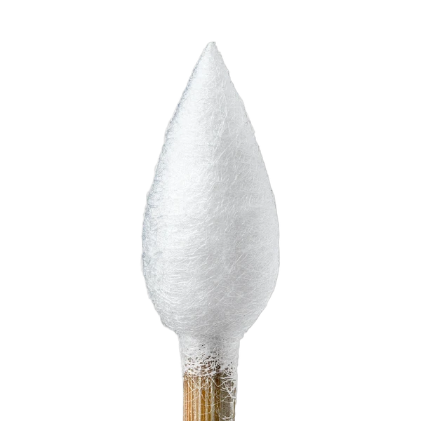 Close-up of a pointed Glob Mops cotton swab tip on a bamboo stick