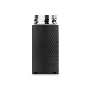 Black Puffco Plus chamber standing upright, ridged ceramic body with a silver threaded top
