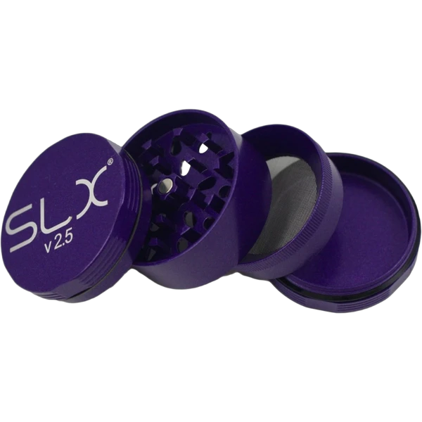SLX V2.5 ceramic coat grinder, 2" in purple, opened into its four pieces to show the teeth, chamber and screen